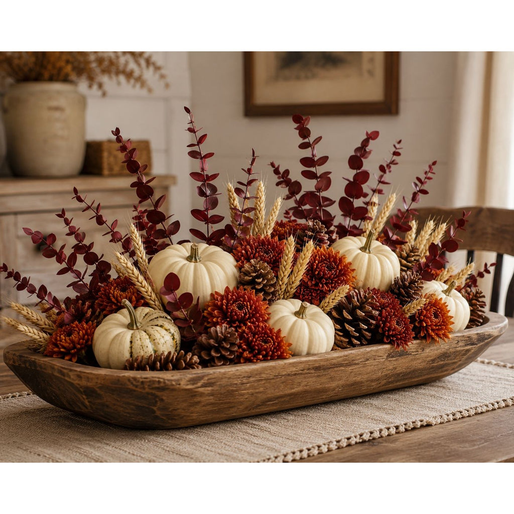 Decorative fall arrangement with pumpkins, leaves, and pinecones in a wooden bowl on a table.