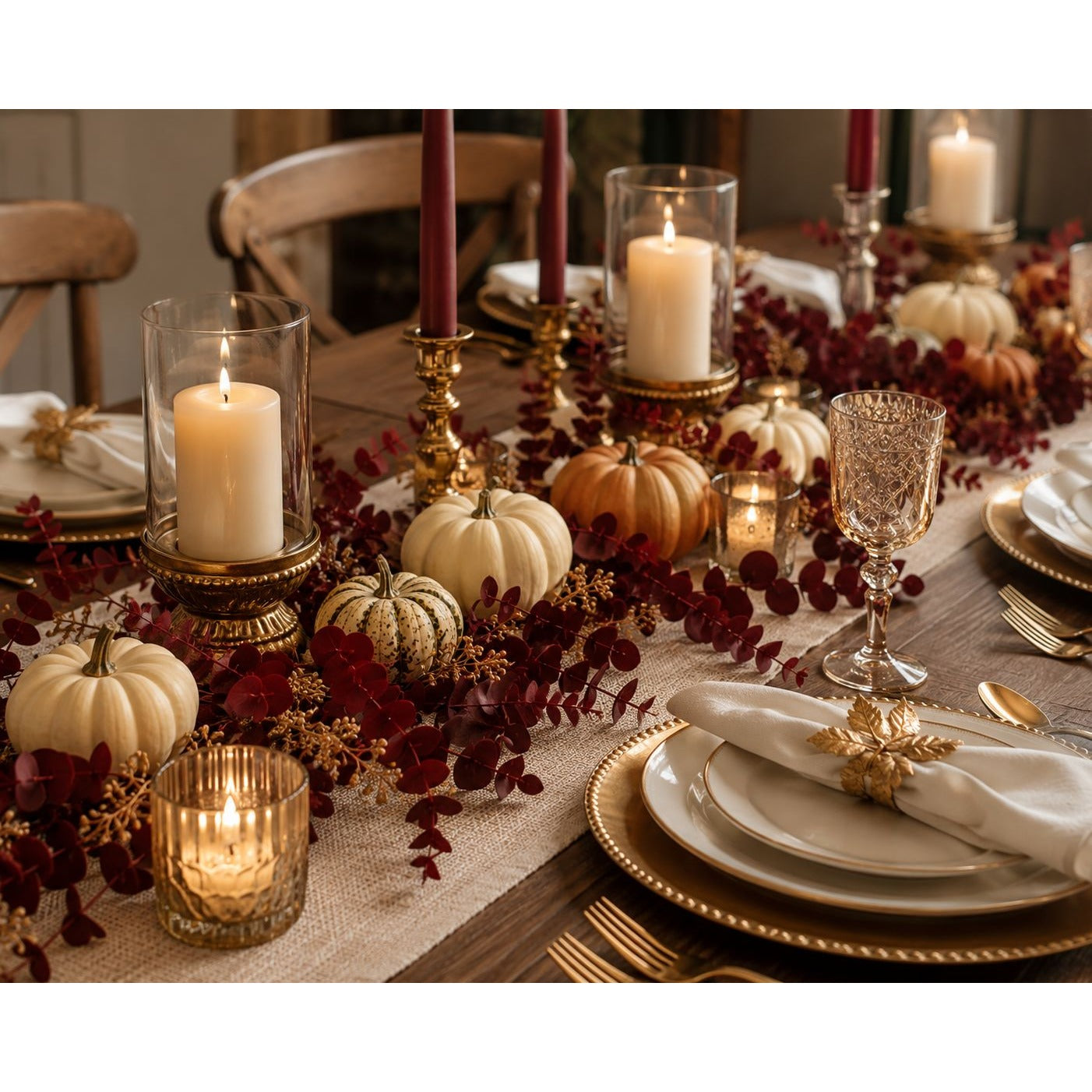 Decorative table setting with pumpkins, candles, and gold accents for a festive meal.