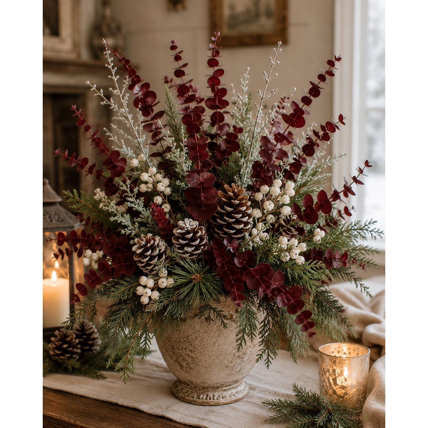 Decorative winter arrangement with pinecones and berries in a textured vase on a table.