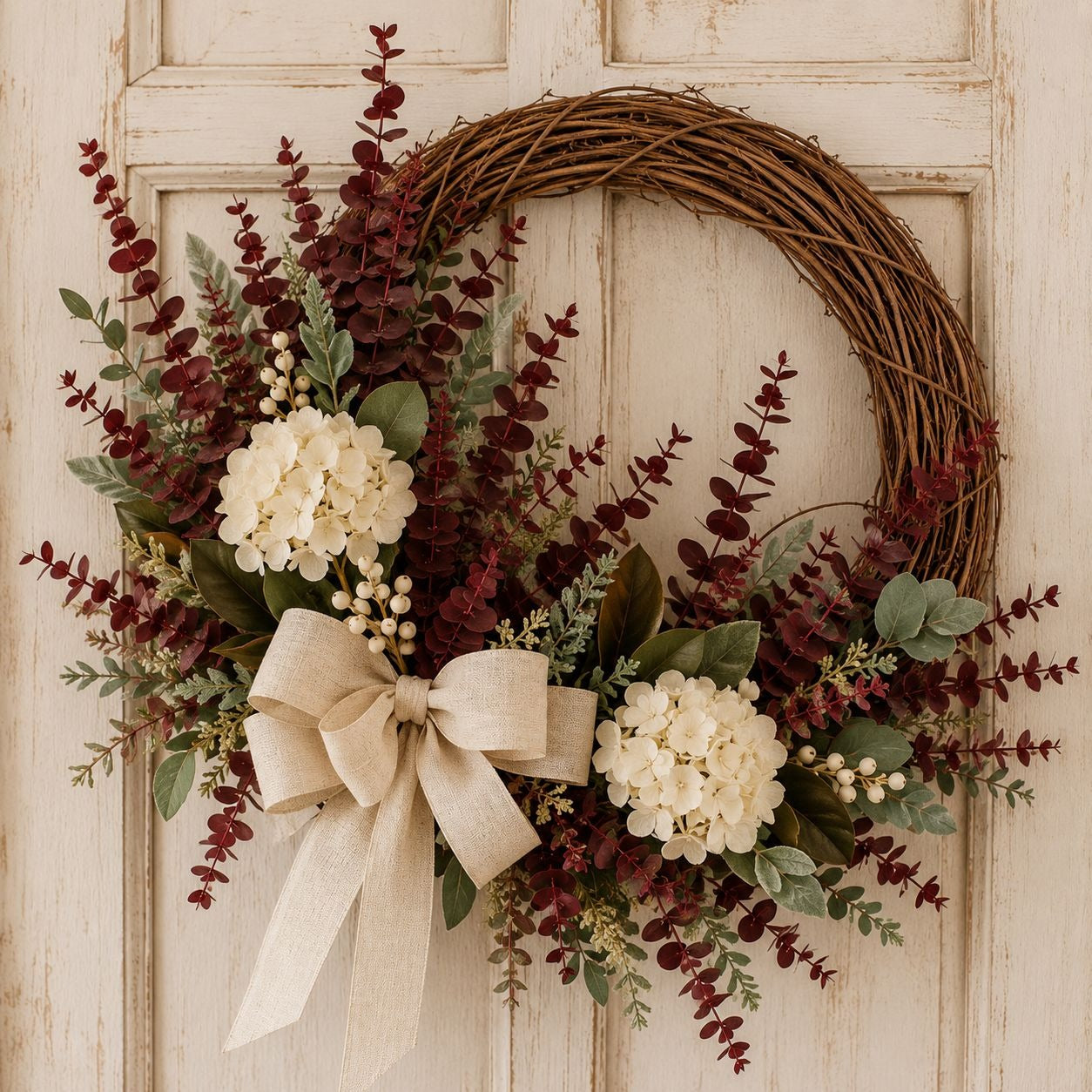 Decorative wreath with flowers and a bow on a wooden door