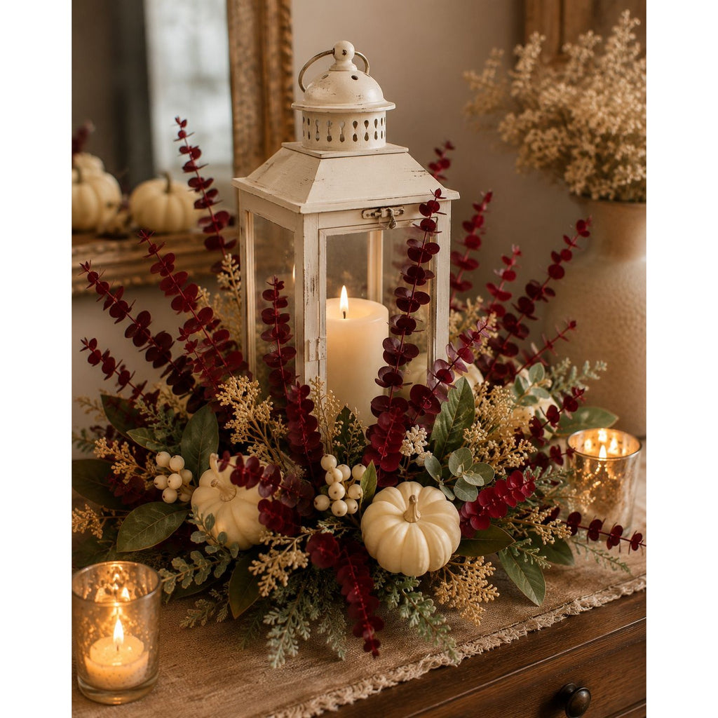 Decorative arrangement with a white lantern, candles, and autumnal flowers on a wooden surface.