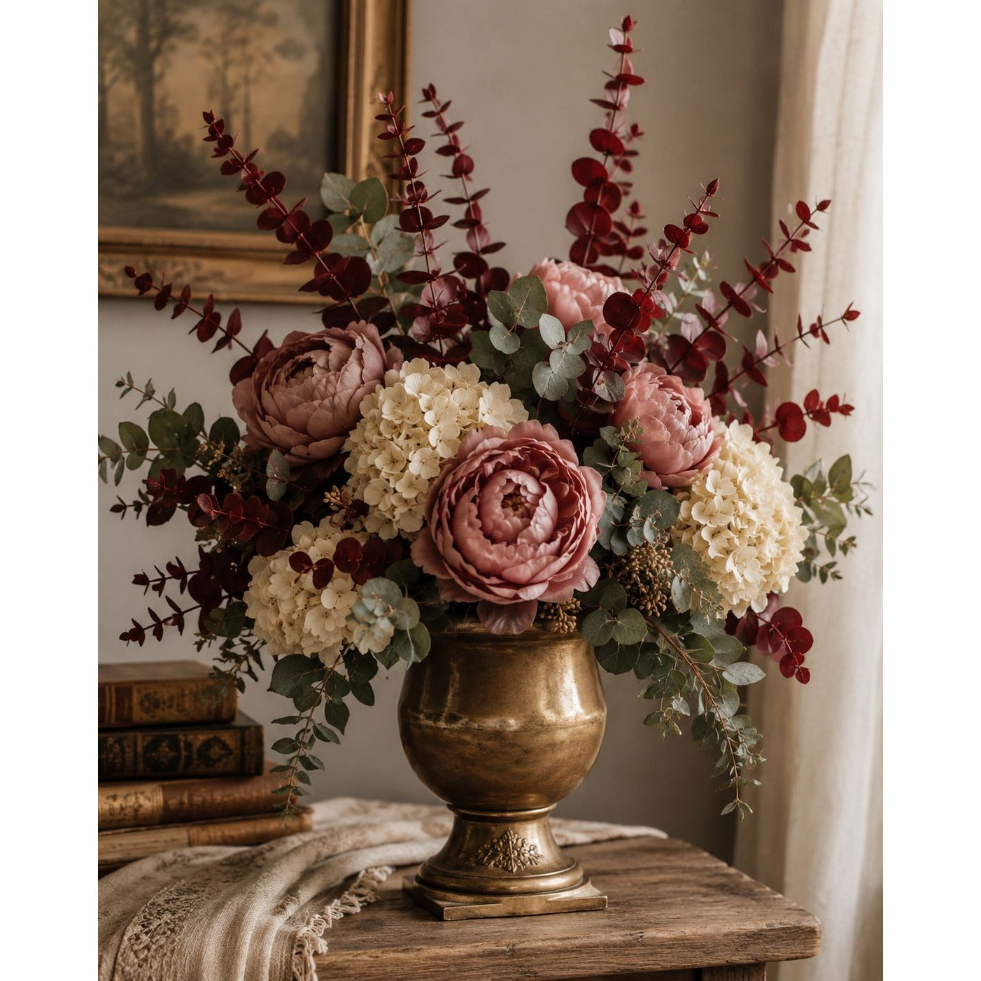 Floral arrangement in a bronze vase on a wooden table with a painting in the background