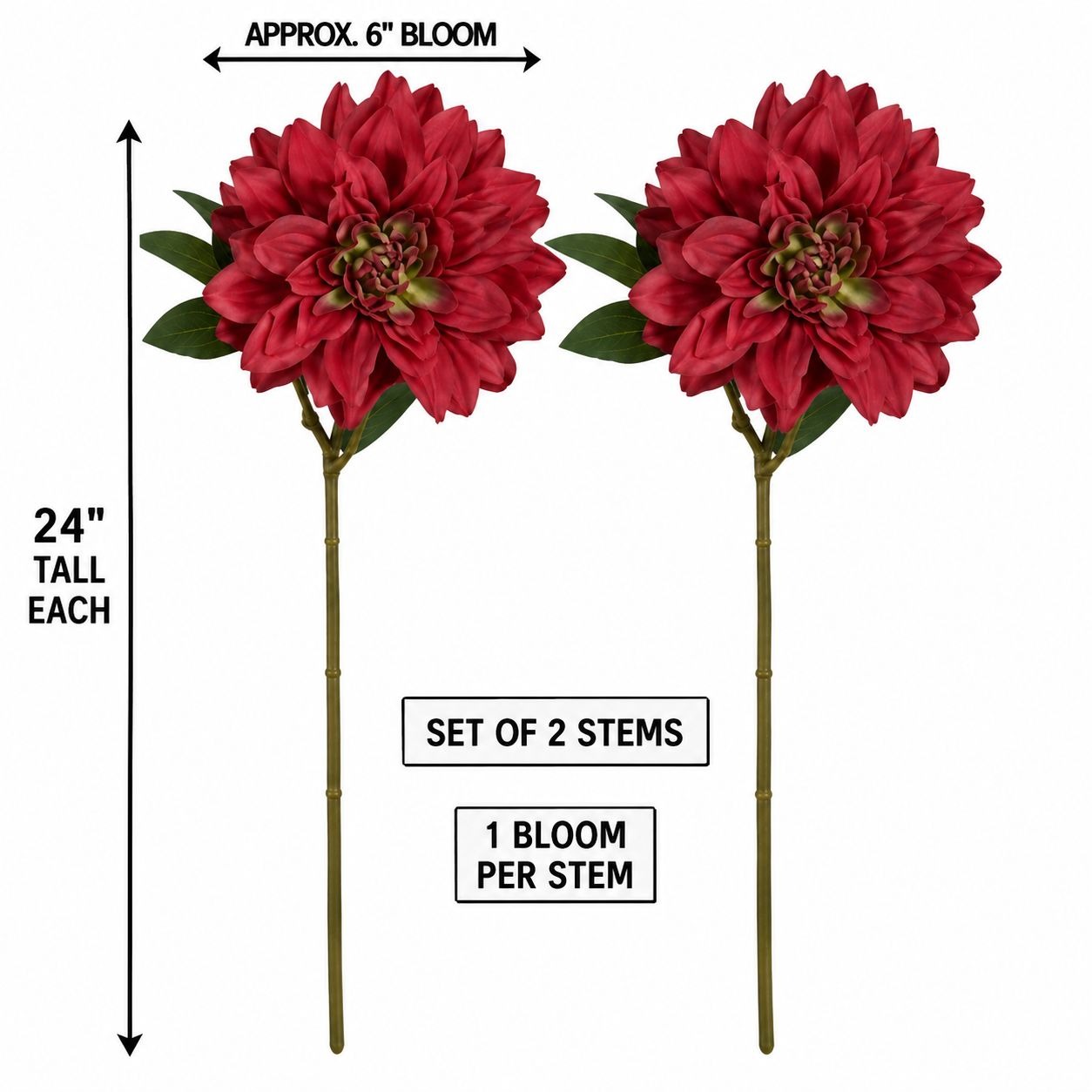 Two artificial red dahlia flower stems with green leaves, shown on a white background with measurement labels indicating approximately 6-inch blooms and 24-inch height per stem.
