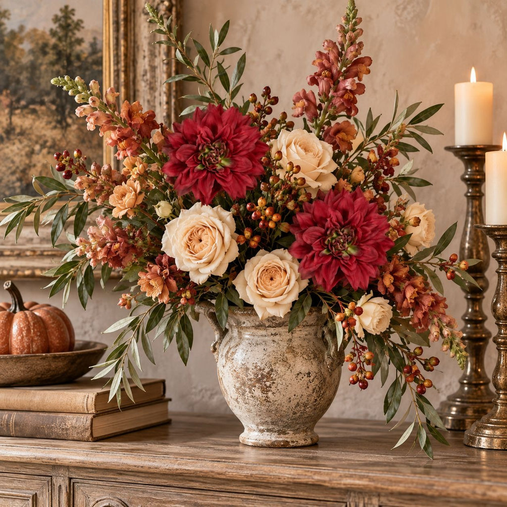 A rustic autumn floral arrangement in a distressed ceramic vase, featuring deep red dahlias, cream roses, and orange berries, styled on a wooden console table with candles, books, and a small pumpkin.