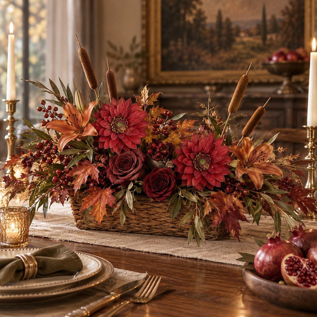 An autumn floral centerpiece in a woven basket with red flowers, fall leaves, cattails, and berries, displayed on a dining table in a warmly lit room.