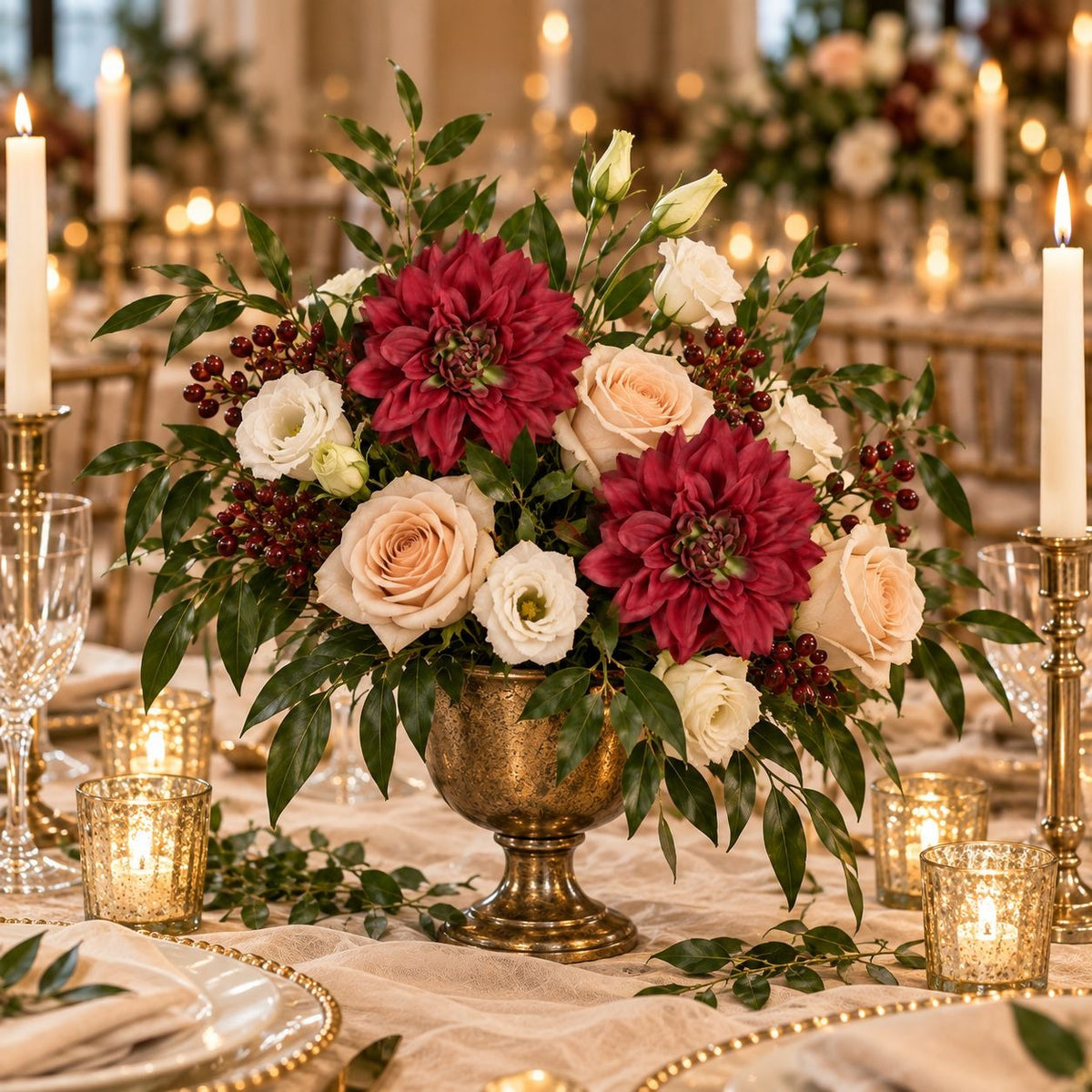 A formal table centerpiece in a gold pedestal vase, featuring two large deep pink dahlias, blush and cream roses, white ranunculus, green foliage, and small dark berry clusters, surrounded by lit candles and glassware in a softly blurred event setting.