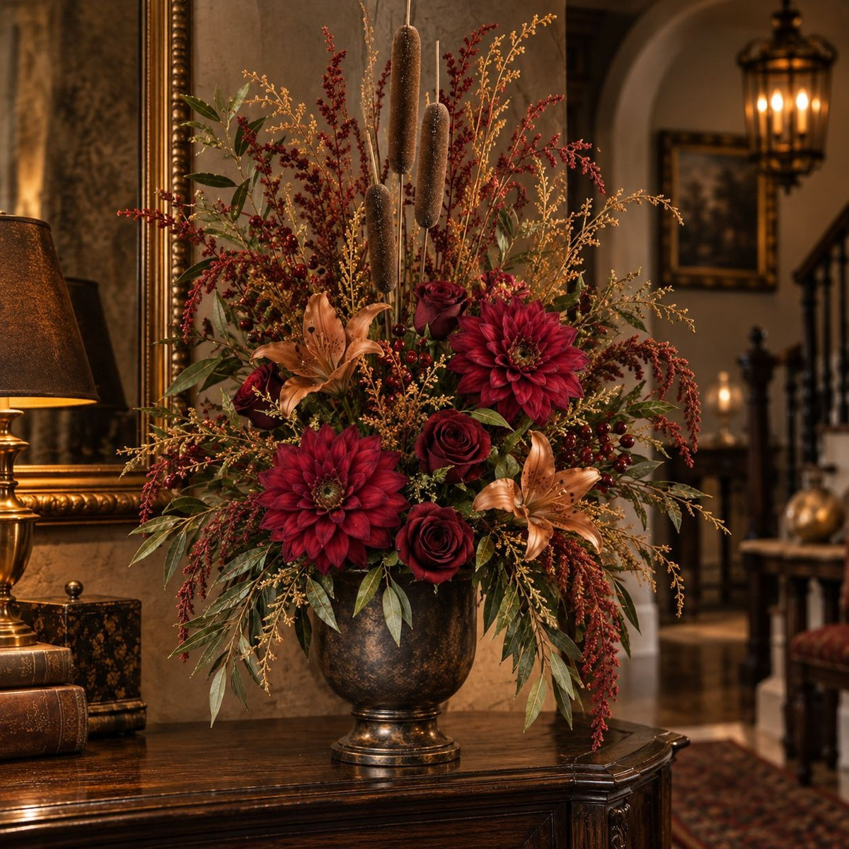 A large autumn floral arrangement in a dark metal urn, featuring deep burgundy dahlias, burgundy roses, copper lilies, cattails, and green foliage, displayed on a dark wood console table in an elegant interior setting.