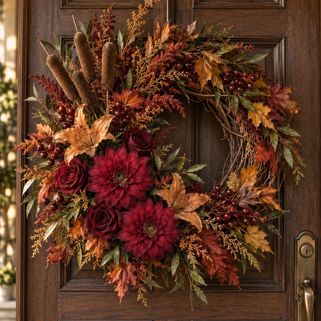 An autumn grapevine wreath hanging on a dark brown wooden front door. The wreath features large deep red artificial dahlia flowers, burgundy roses, copper and orange faux leaves, red berries, brown cattails, and green foliage.