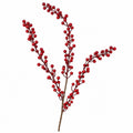 Artificial red berry branch with glossy red berries on brown stems, isolated on a white background.