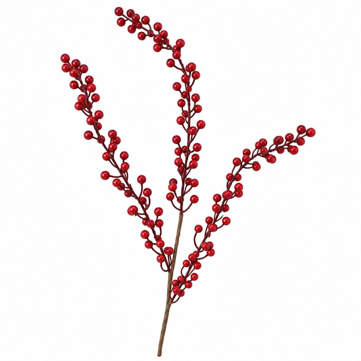 Artificial red berry branch with glossy red berries on brown stems, isolated on a white background.