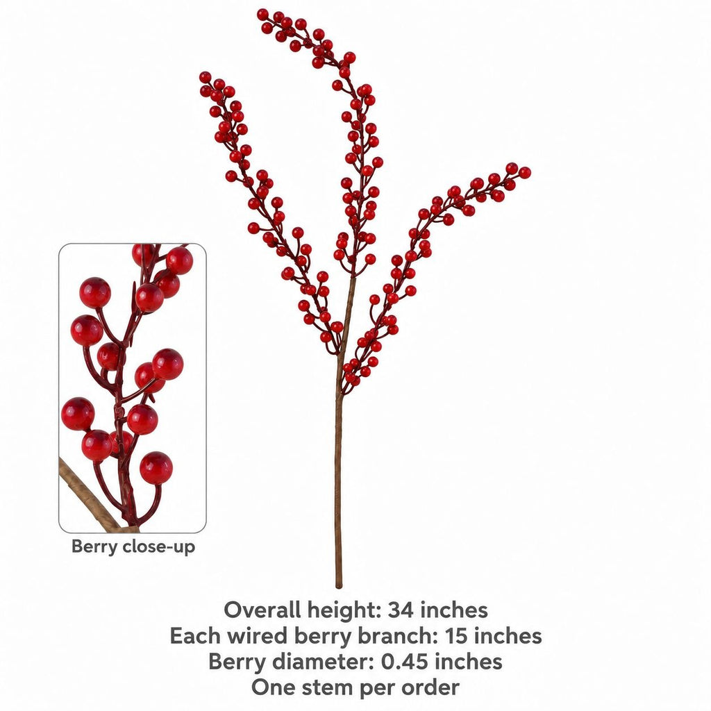 Wired artificial berry branch with red berries on a brown stem, shown on a white background with a close-up inset and text listing overall height, branch length, berry diameter, and one stem per order.