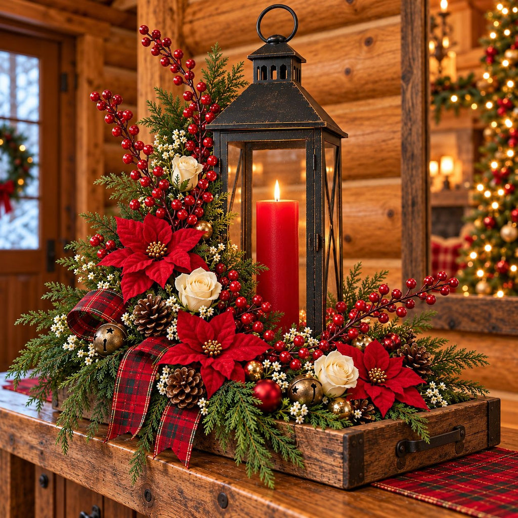 A rustic Christmas holiday centerpiece in a wooden tray, featuring a black metal lantern with a lit red pillar candle, red poinsettias, white roses, red berries, pinecones, and a red plaid ribbon, set on a wooden table in a cozy log cabin interior.