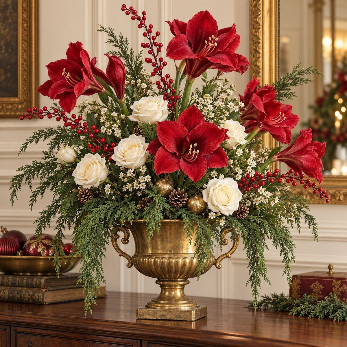 A large holiday floral arrangement in a gold urn vase, featuring red amaryllis, white roses, green evergreen branches, and red berries, displayed on a wooden console table in an elegant room.