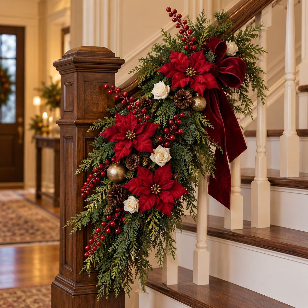 A festive Christmas staircase garland hanging from a wooden banister. The garland features red poinsettias, green pine branches, red berries, white roses, pinecones, and a large red velvet bow, set against a home interior with wooden stairs and cream banister posts.
