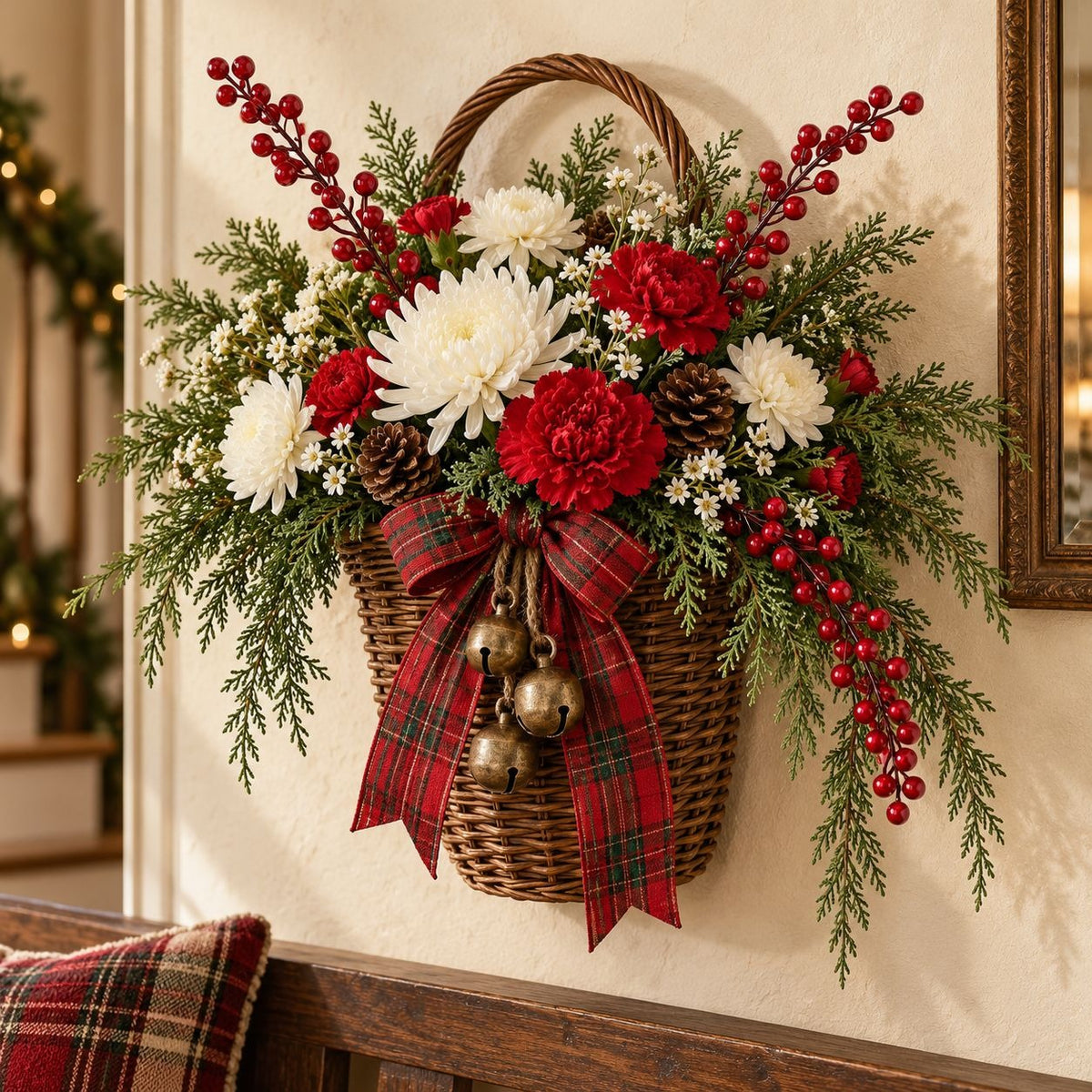 A hanging wicker basket filled with a Christmas floral arrangement, featuring red and white flowers, green pine branches, red berry sprigs, pinecones, and a red plaid ribbon with small gold bells, displayed on a wall above a wooden bench.