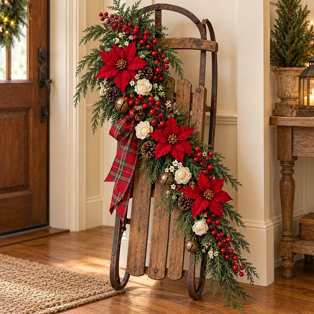 A rustic wooden sled decorated with a Christmas garland featuring red poinsettias, red berries, green pine branches, white roses, pinecones, and a red plaid ribbon, set in a warmly lit entryway.