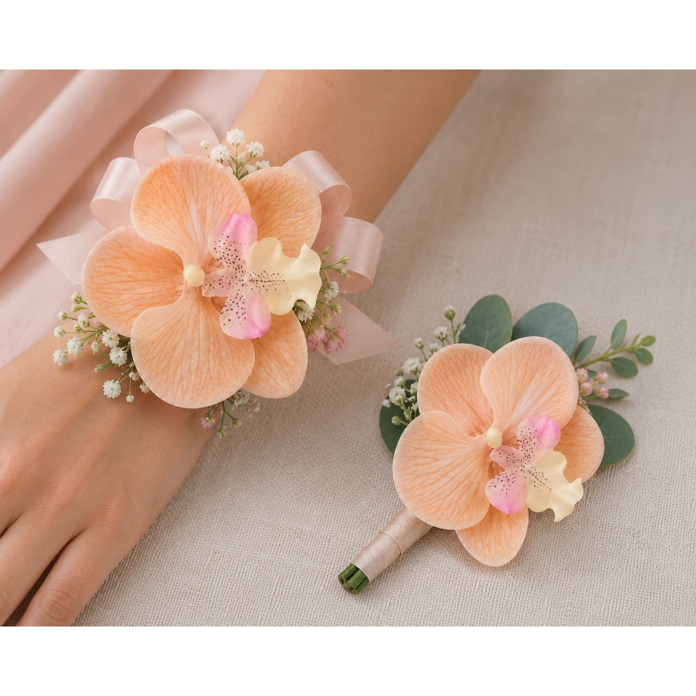 Peach Champagne Real Touch Orchid Heads Set of 2 | 3.5 Inch Phalaenopsis Blooms for Corsage Boutonniere Crafts