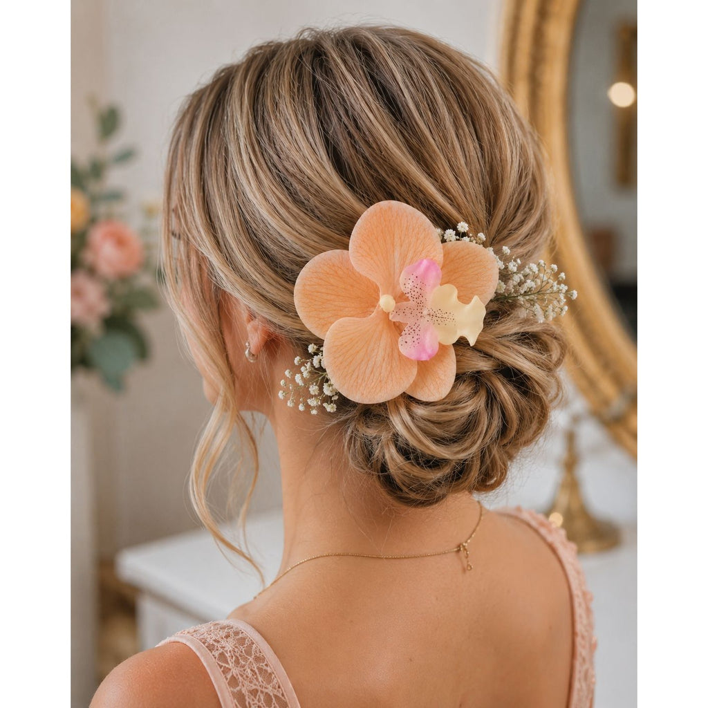 Peach Champagne Real Touch Orchid Heads Set of 2 | 3.5 Inch Phalaenopsis Blooms for Corsage Boutonniere Crafts