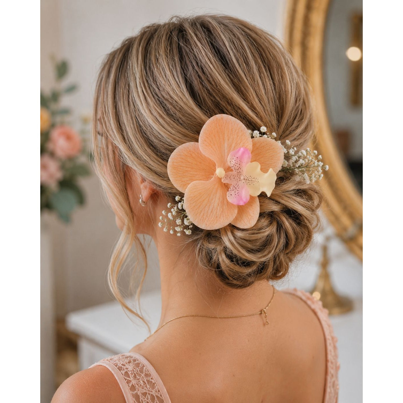 Peach Champagne Real Touch Orchid Heads Set of 2 | 3.5 Inch Phalaenopsis Blooms for Corsage Boutonniere Crafts