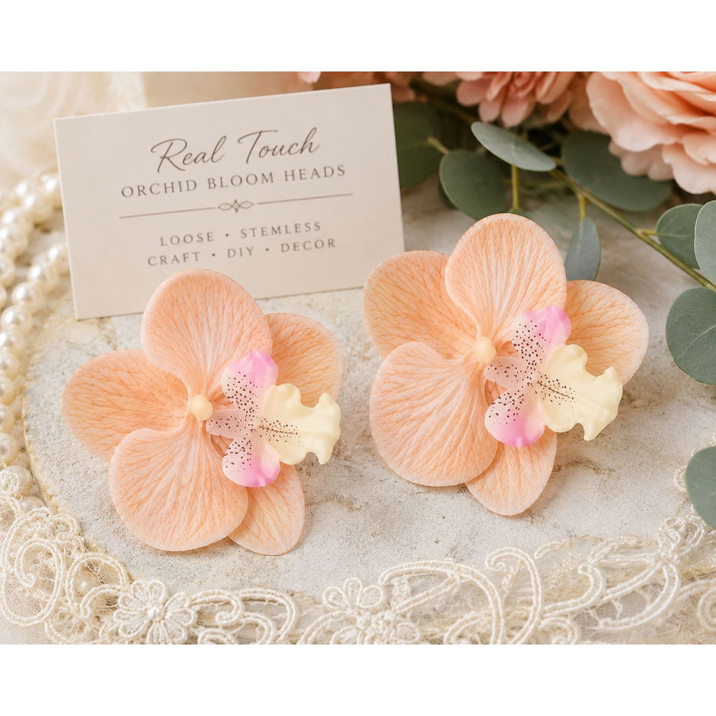 Peach Champagne Real Touch Orchid Heads Set of 2 | 3.5 Inch Phalaenopsis Blooms for Corsage Boutonniere Crafts