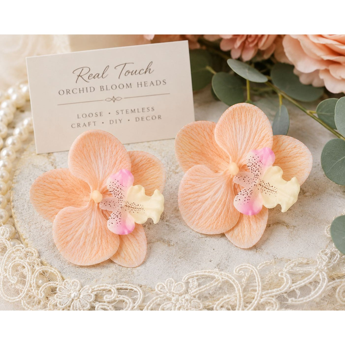 Peach Champagne Real Touch Orchid Heads Set of 2 | 3.5 Inch Phalaenopsis Blooms for Corsage Boutonniere Crafts
