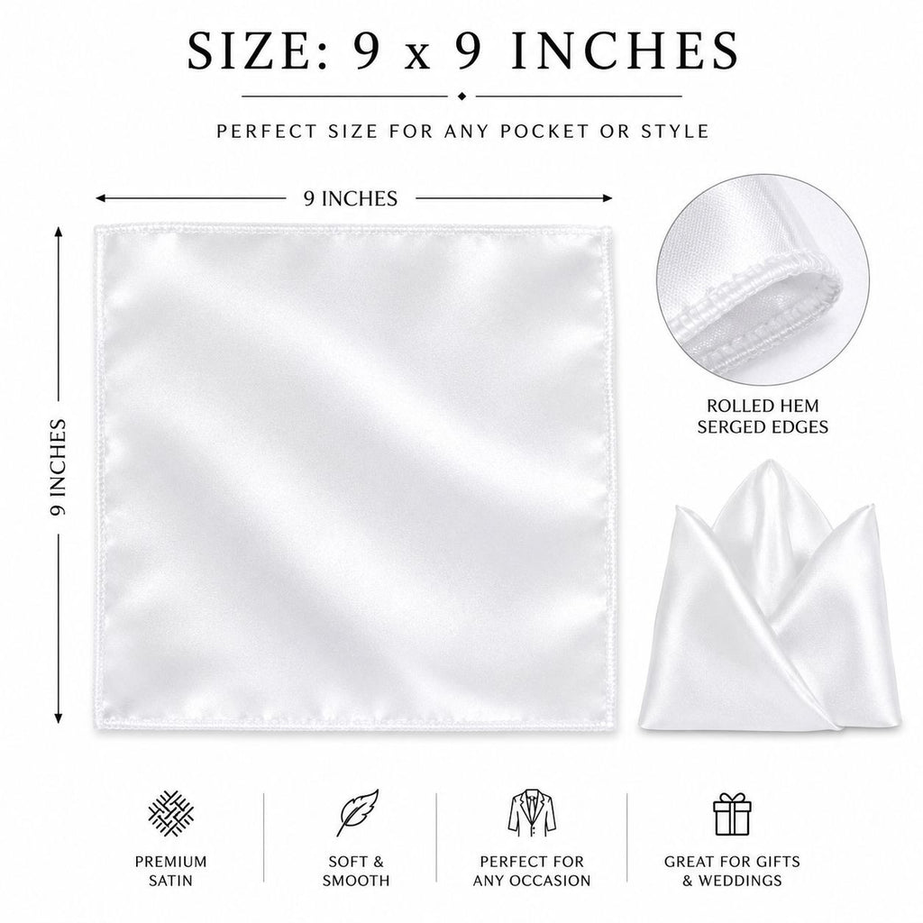 White satin pocket square shown on a white background with size annotations: 9 x 9 inches, plus a rolled hem detail and folded presentation. Text highlights premium satin, softness, serged edges, and suitability for gifts and weddings.