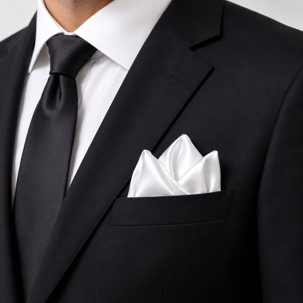 A close-up of a black suit jacket with a white dress shirt, black tie, and a white pocket square folded in the breast pocket.