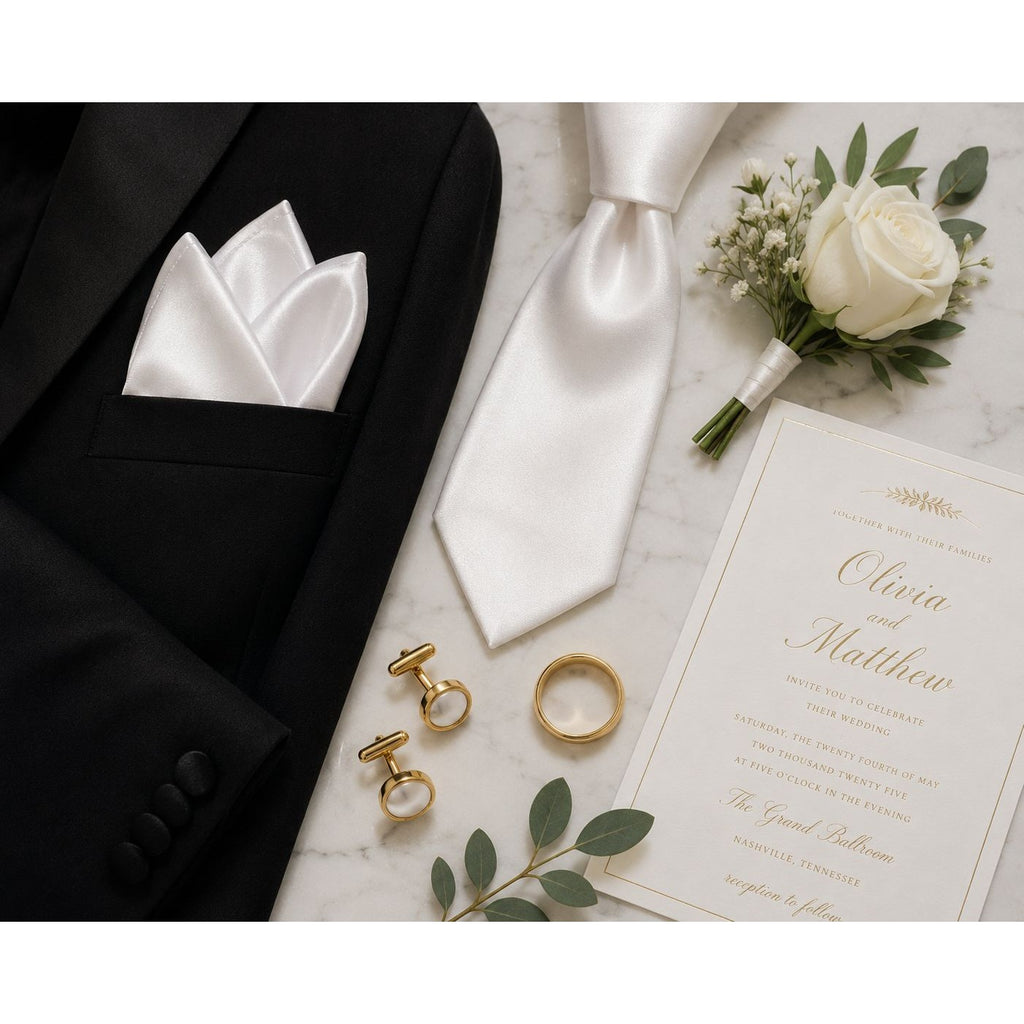 A styled wedding accessories flat lay on a white marble surface, featuring a black suit jacket with a white pocket square, a white satin tie, a white rose boutonniere, a wedding invitation card, gold cufflinks, and two gold wedding rings.