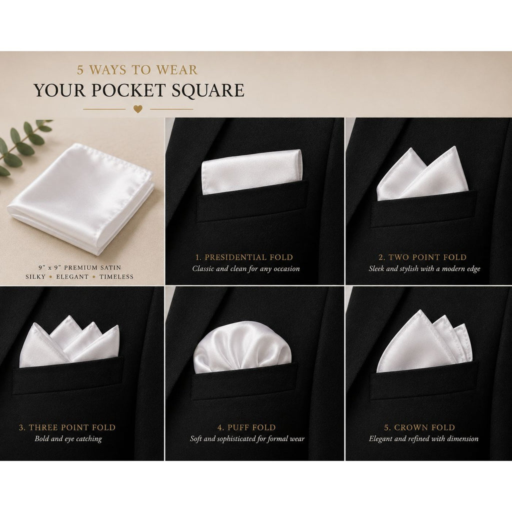 An instructional graphic titled '5 WAYS TO WEAR YOUR POCKET SQUARE' showing six folding styles for a white satin pocket square, each displayed inside a black pocket with labeled names and brief descriptions.