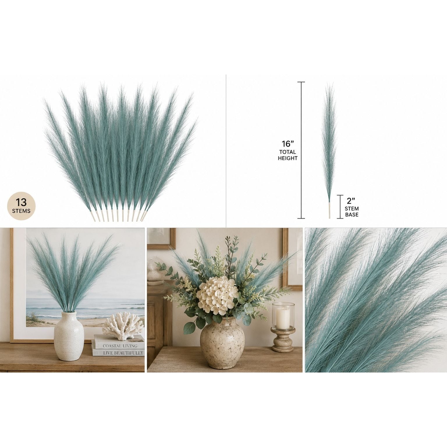 Teal Pampas Grass Stems 13 Pc Wispy Artificial Filler Grass 16 Inch Faux Floral Swag Wreath Vase Decor