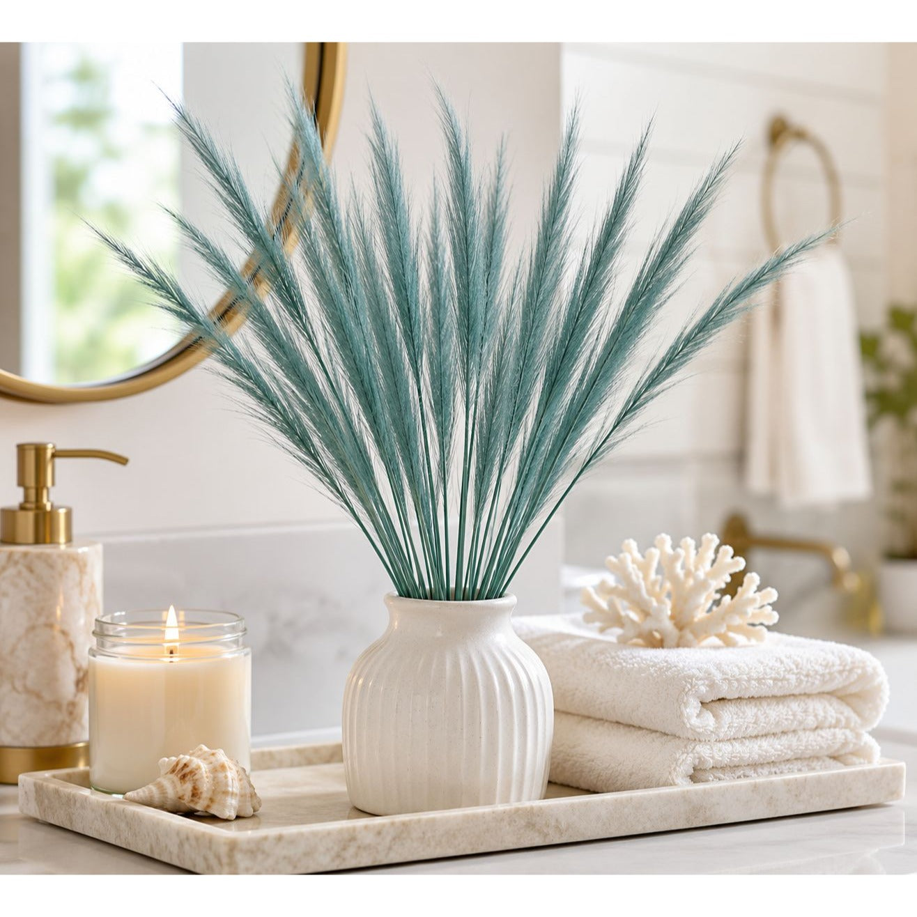 Teal Pampas Grass Stems 13 Pc Wispy Artificial Filler Grass 16 Inch Faux Floral Swag Wreath Vase Decor