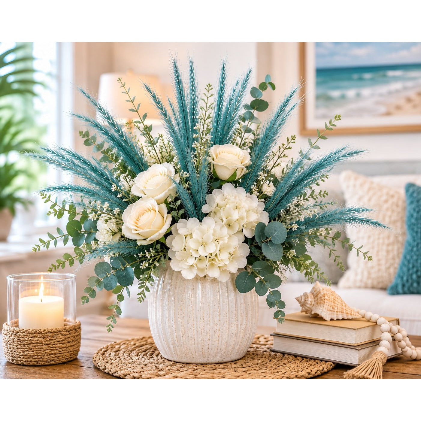 Teal Pampas Grass Stems 13 Pc Wispy Artificial Filler Grass 16 Inch Faux Floral Swag Wreath Vase Decor