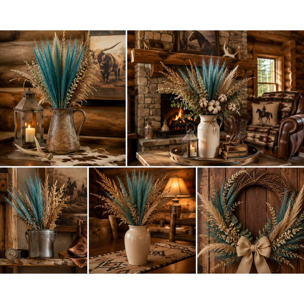 Teal Pampas Grass Stems 13 Pc Wispy Artificial Filler Grass 16 Inch Faux Floral Swag Wreath Vase Decor