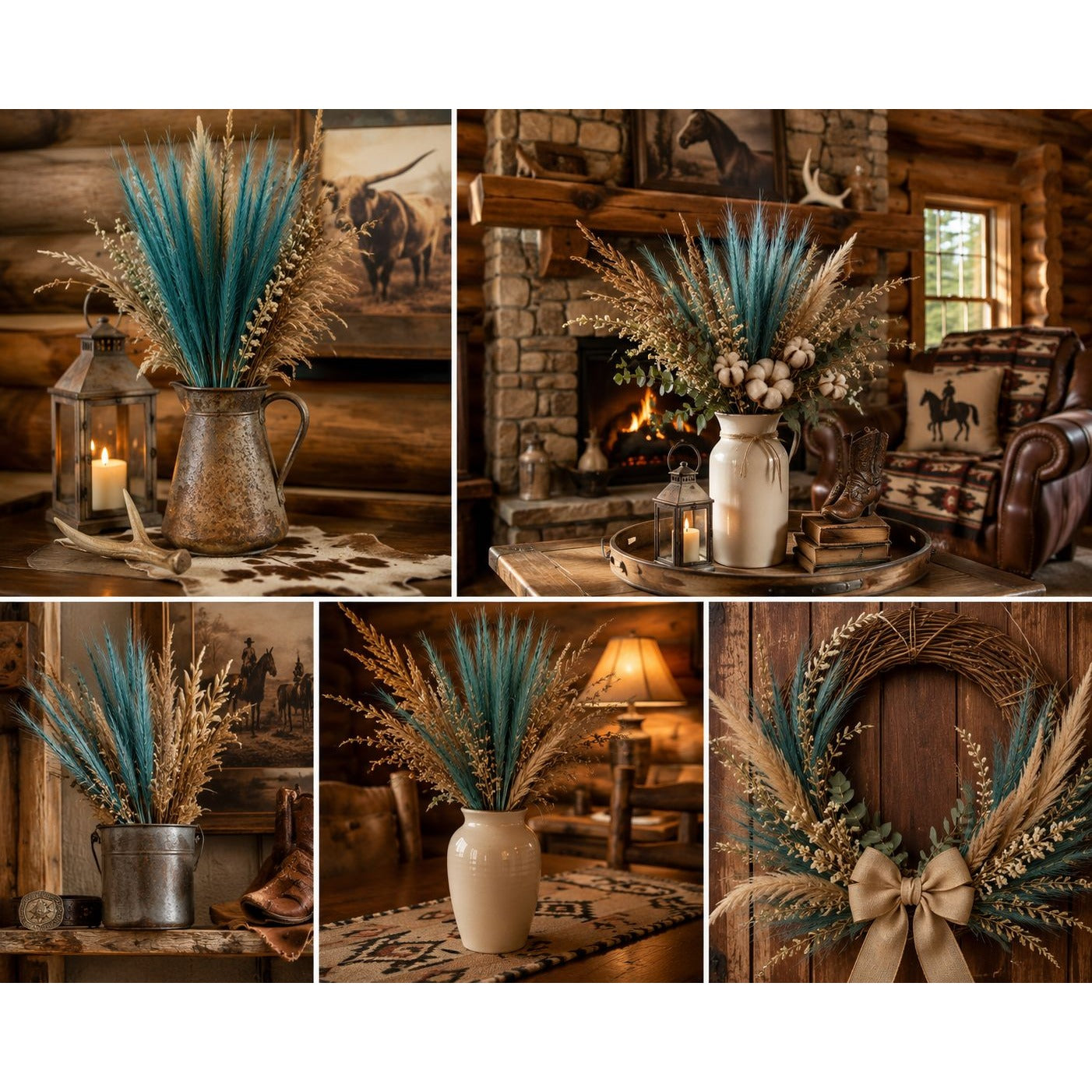 Teal Pampas Grass Stems 13 Pc Wispy Artificial Filler Grass 16 Inch Faux Floral Swag Wreath Vase Decor