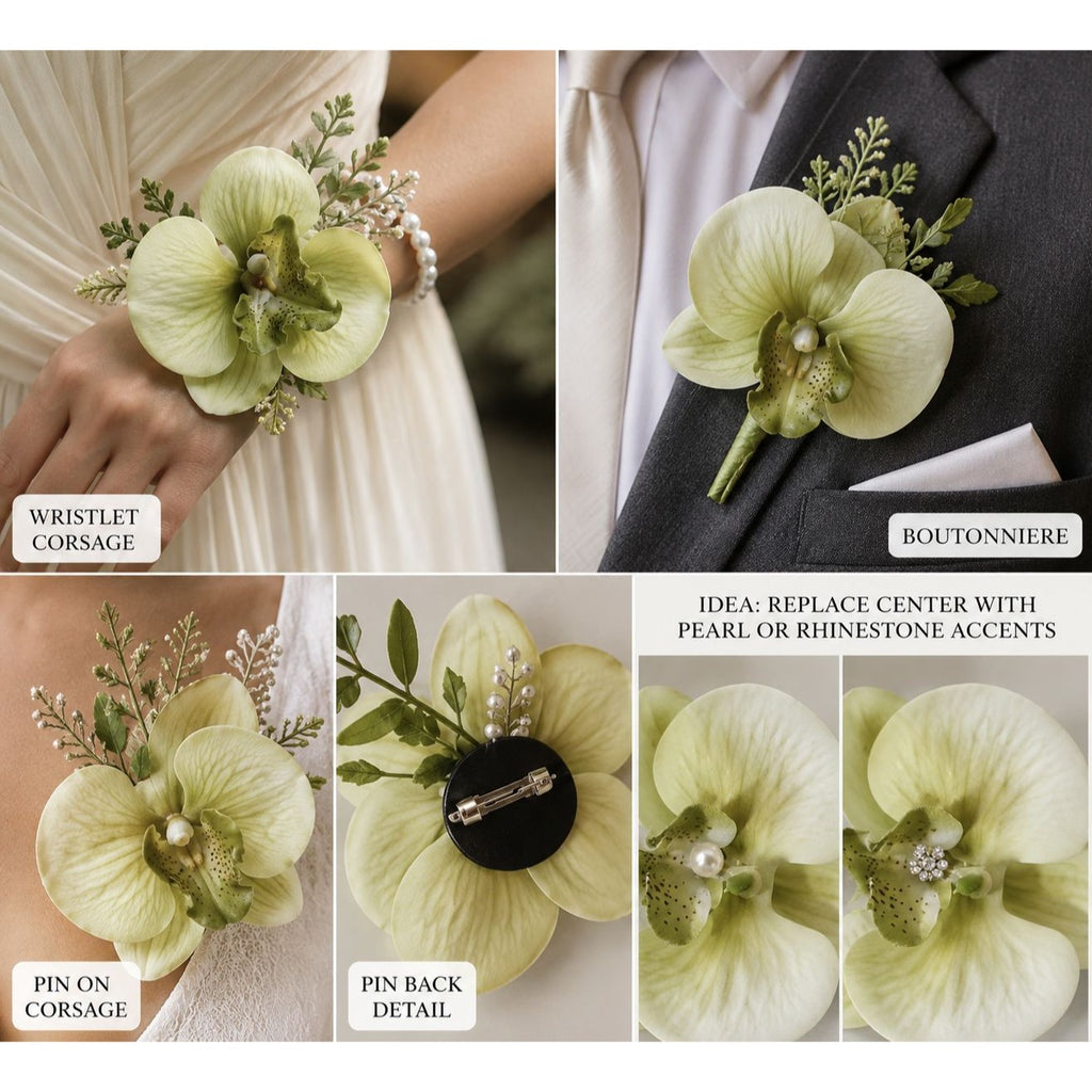 Real Touch Phalaenopsis Orchid Heads Set of 2 | 3.5 Inch Cream Moss Green Faux Blooms for Corsage Wreath Gift Cake