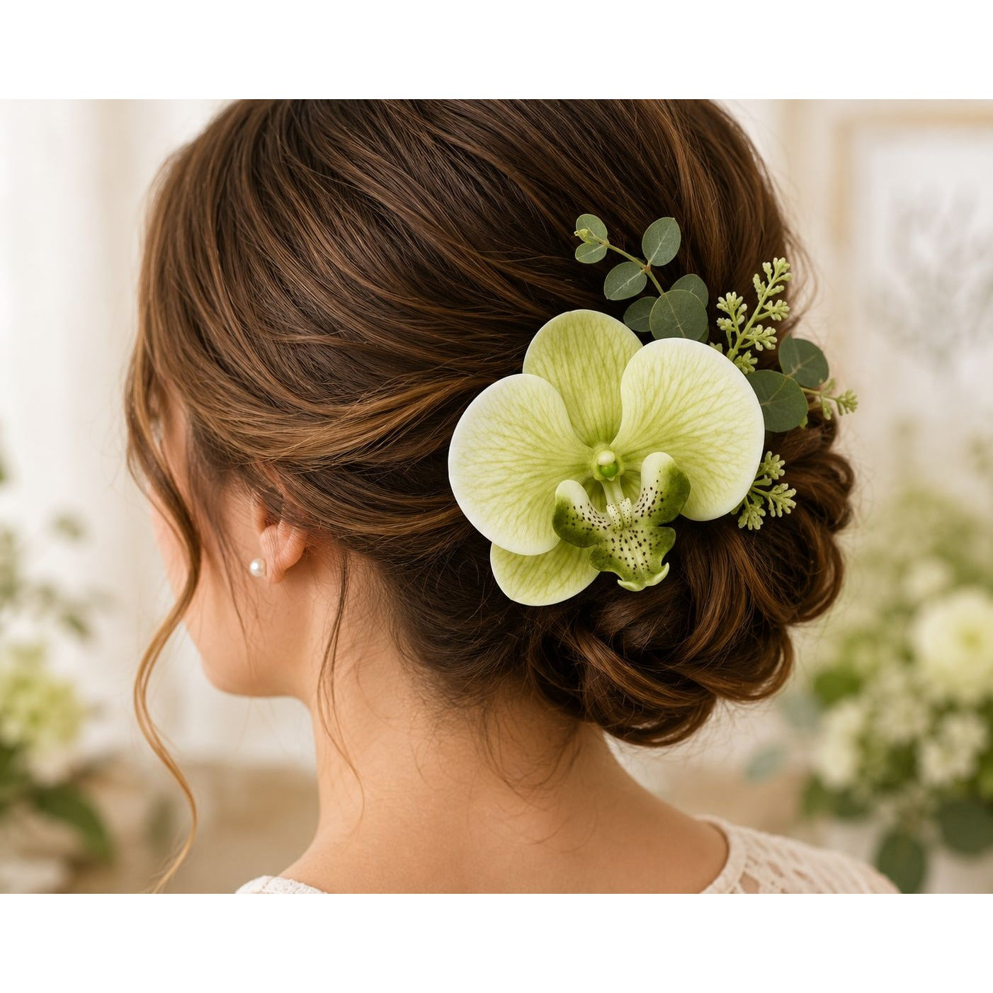 Real Touch Phalaenopsis Orchid Heads Set of 2 | 3.5 Inch Cream Moss Green Faux Blooms for Corsage Wreath Gift Cake