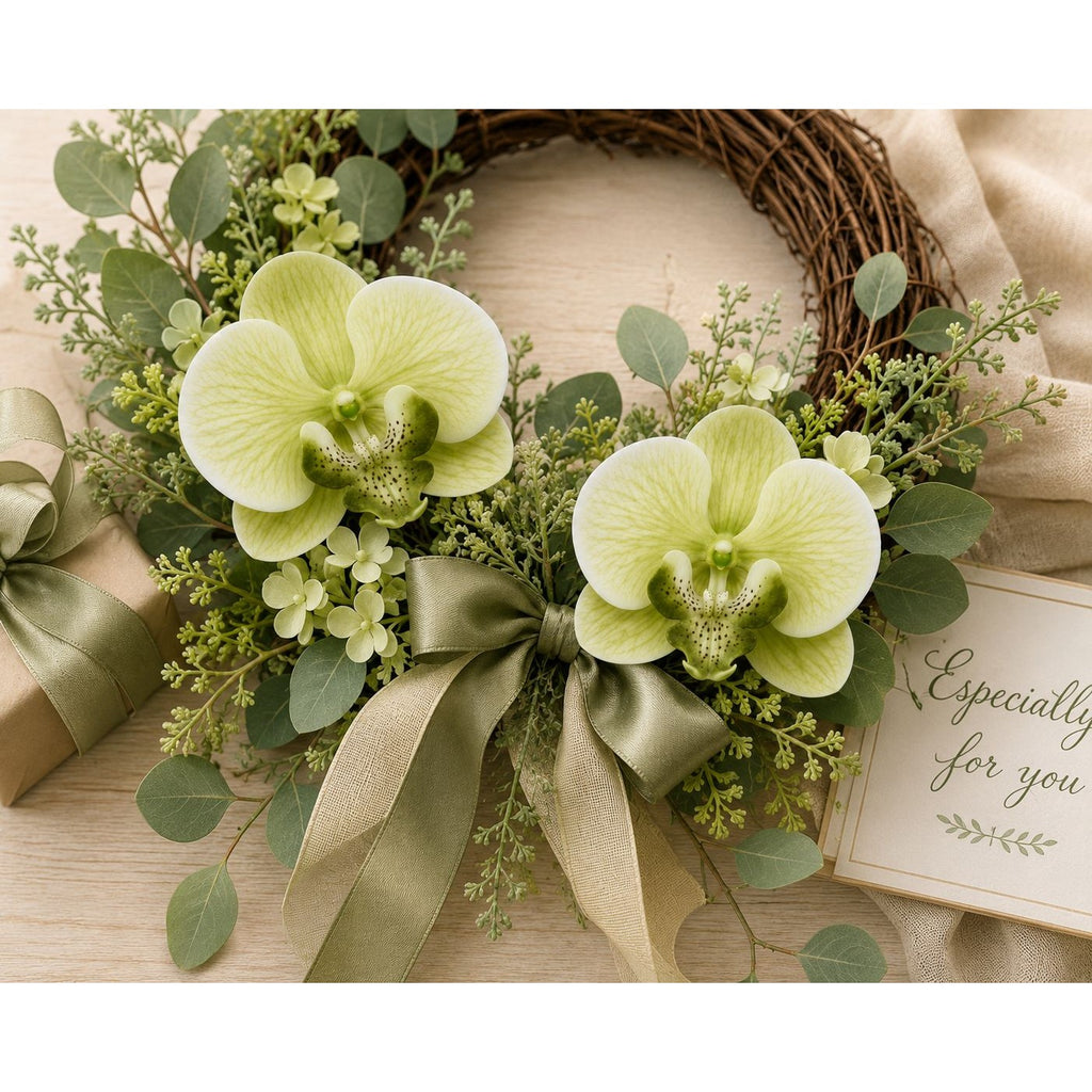 Real Touch Phalaenopsis Orchid Heads Set of 2 | 3.5 Inch Cream Moss Green Faux Blooms for Corsage Wreath Gift Cake