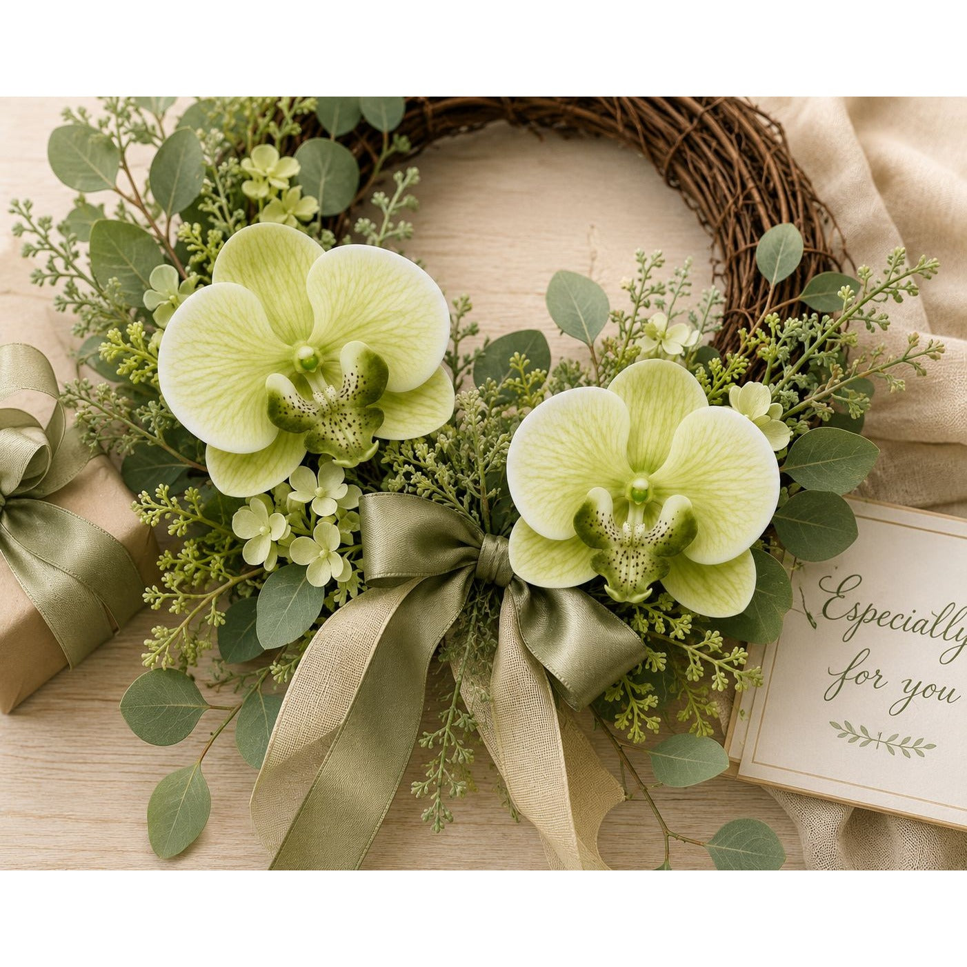 Real Touch Phalaenopsis Orchid Heads Set of 2 | 3.5 Inch Cream Moss Green Faux Blooms for Corsage Wreath Gift Cake