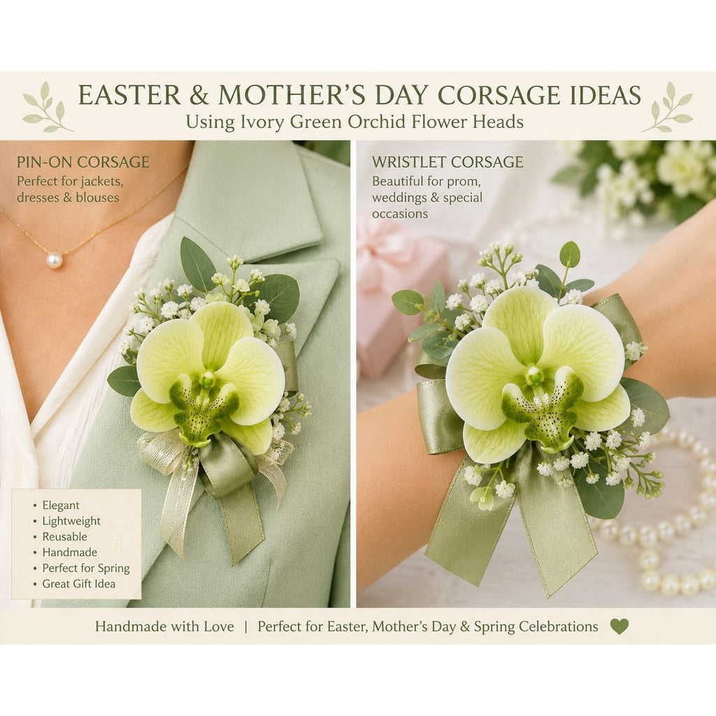 Real Touch Phalaenopsis Orchid Heads Set of 2 | 3.5 Inch Cream Moss Green Faux Blooms for Corsage Wreath Gift Cake