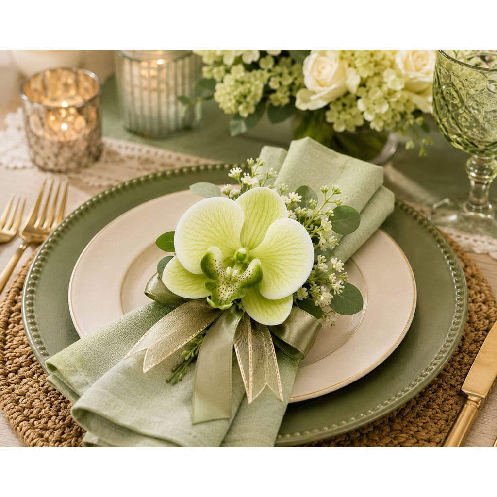 Real Touch Phalaenopsis Orchid Heads Set of 2 | 3.5 Inch Cream Moss Green Faux Blooms for Corsage Wreath Gift Cake