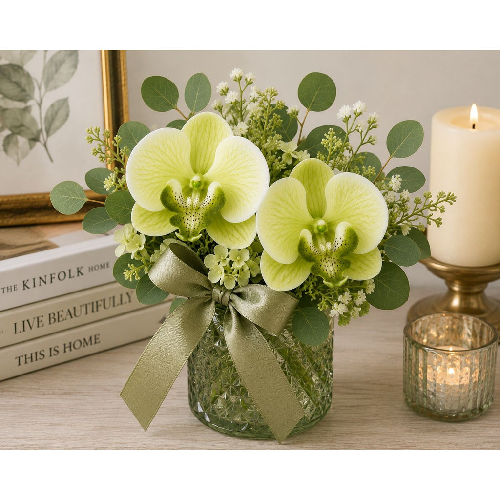 Real Touch Phalaenopsis Orchid Heads Set of 2 | 3.5 Inch Cream Moss Green Faux Blooms for Corsage Wreath Gift Cake