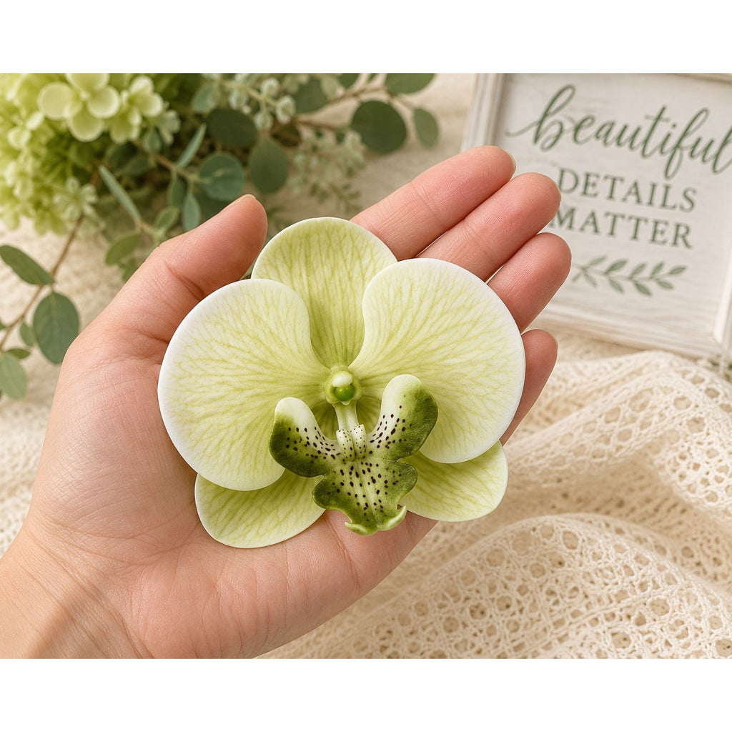 Real Touch Phalaenopsis Orchid Heads Set of 2 | 3.5 Inch Cream Moss Green Faux Blooms for Corsage Wreath Gift Cake
