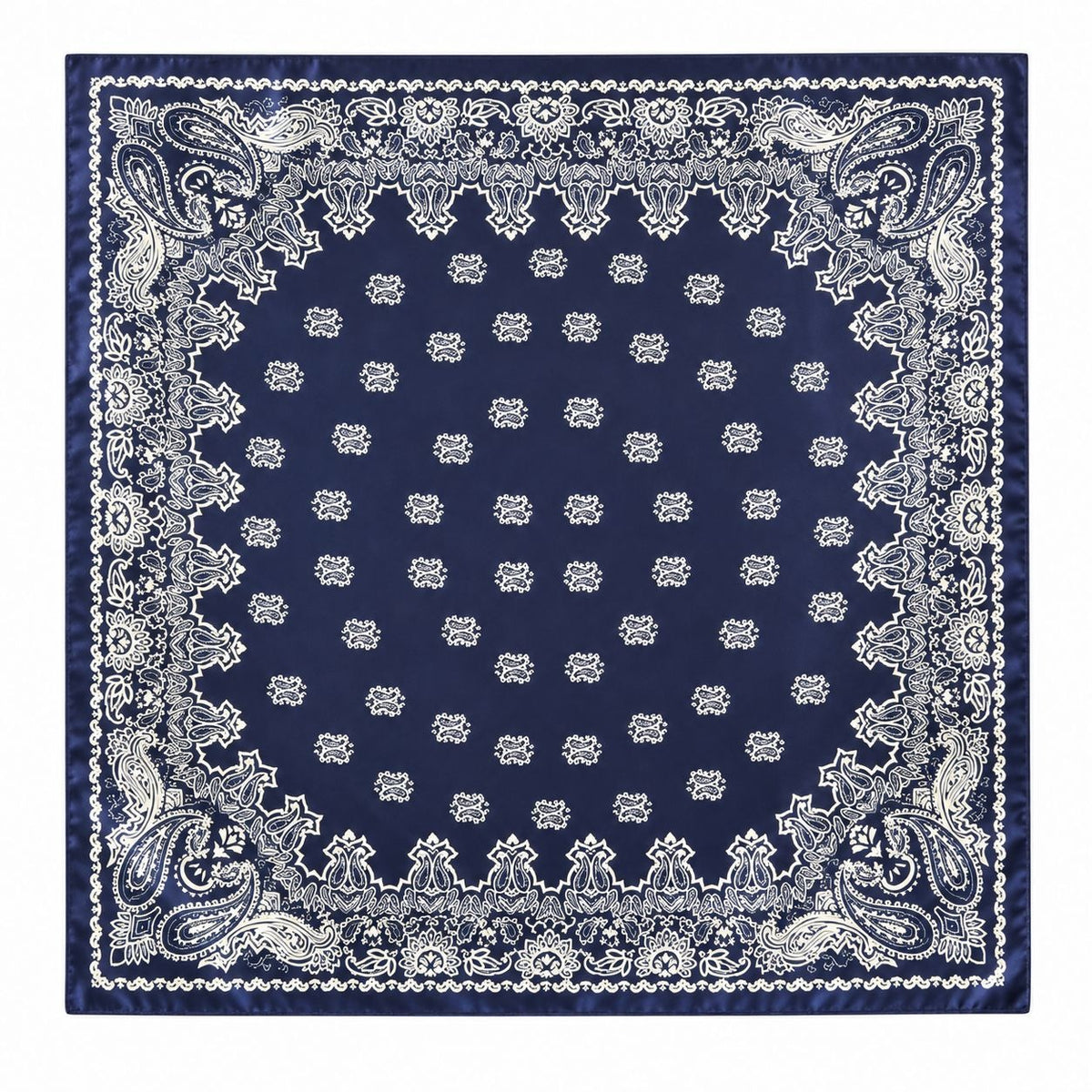 A square navy blue bandana with a detailed white paisley border and a central pattern of small white floral motifs, shown flat against a white background.