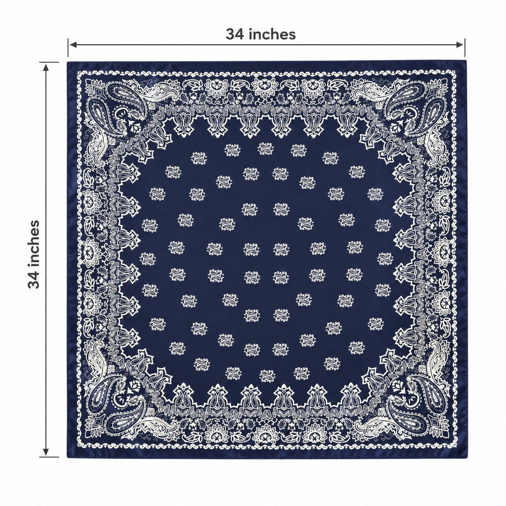 A square navy blue satin scarf with a white paisley border and small white floral motifs in the center, shown on a white background with dimension labels indicating 34 inches by 34 inches.