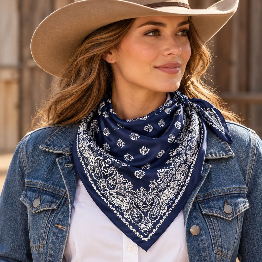 A woman wearing a navy blue paisley bandana with a white border and small floral motifs, styled around her neck under a denim jacket and cowboy hat.