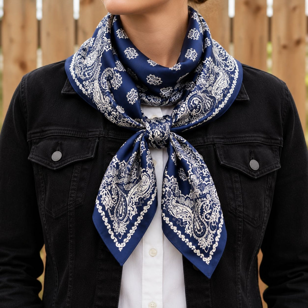 A navy blue and white paisley bandana scarf tied around the neck of a person wearing a black denim jacket over a white shirt, with a wooden fence in the background.