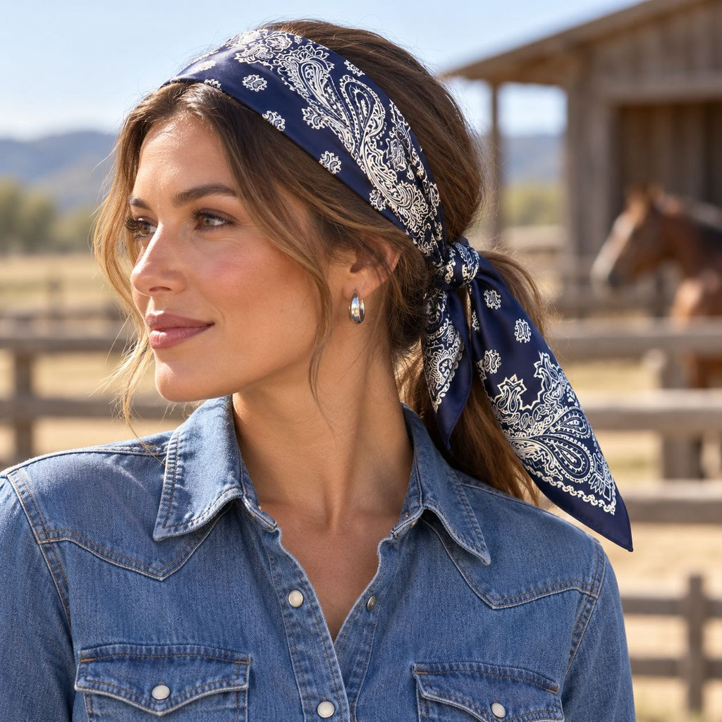 A woman wearing a navy blue paisley bandana tied around her head, paired with a blue denim shirt, set against a blurred outdoor ranch background with a horse visible.