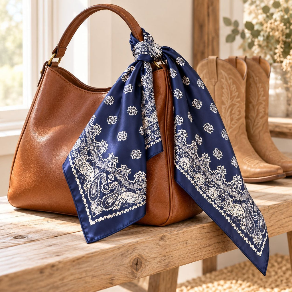 A brown leather handbag tied with a navy blue and white paisley bandana, styled on a rustic wooden bench with cowboy boots in the background.