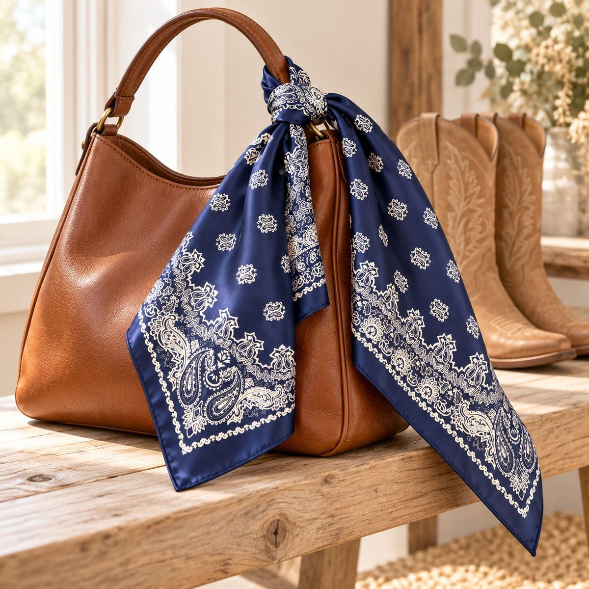 A brown leather handbag tied with a navy blue and white paisley bandana, styled on a rustic wooden bench with cowboy boots in the background.