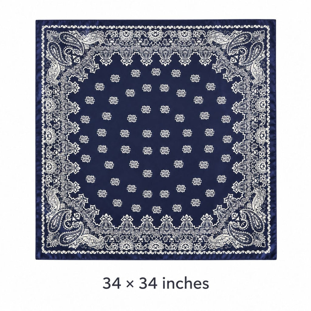 Navy Blue White Paisley Satin Scarf 34 x 34 Polyester Square Western Bandana